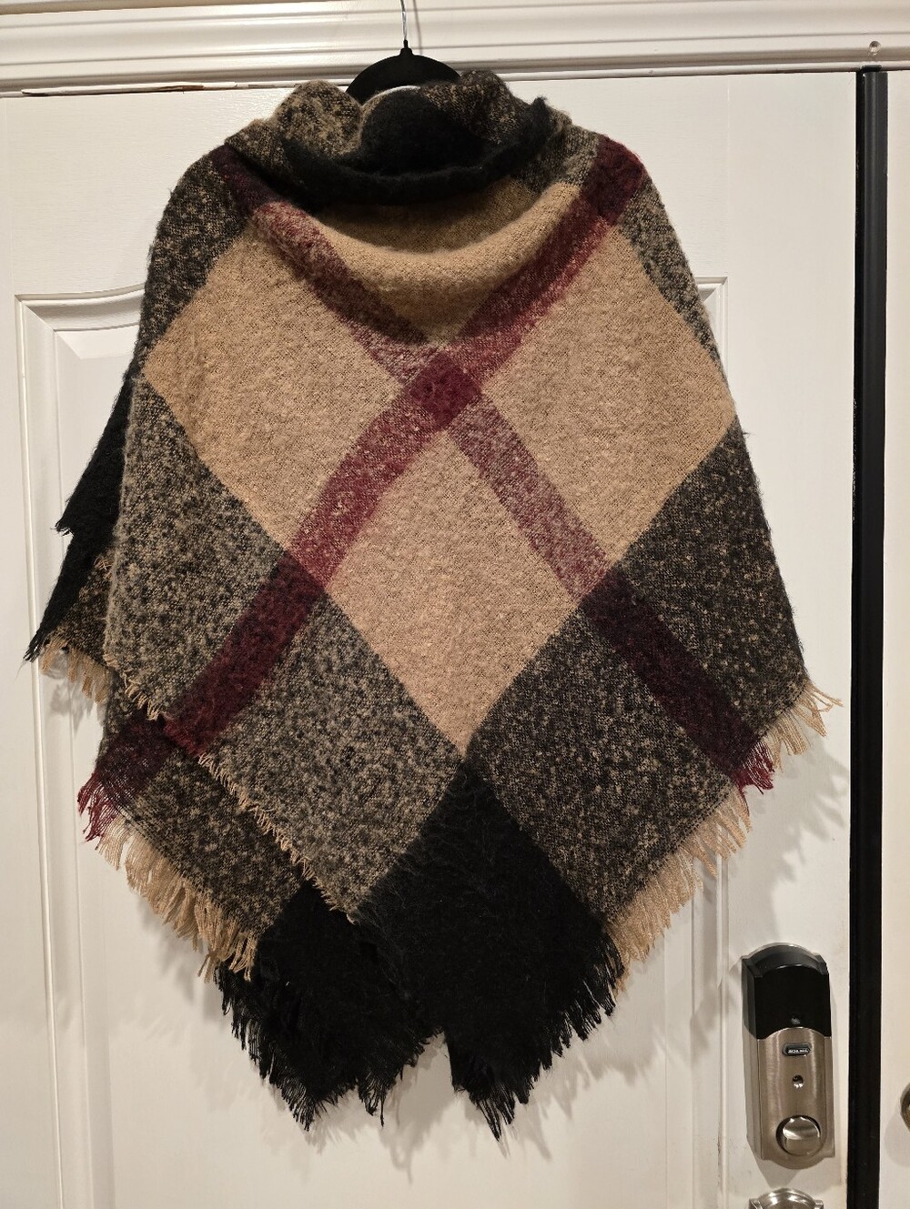 Modena New York Cozy Hooded Plaid Poncho in Camel, Black & Burgundy - Picture 2 of 6